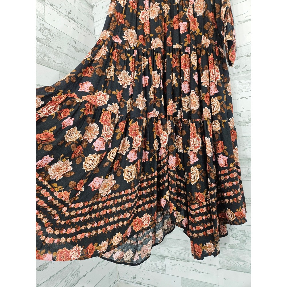 Free People Floral Tiered Maxi Dress Black Rose Boho V-Neck Long Sleeve Medium - Picture 4 of 7